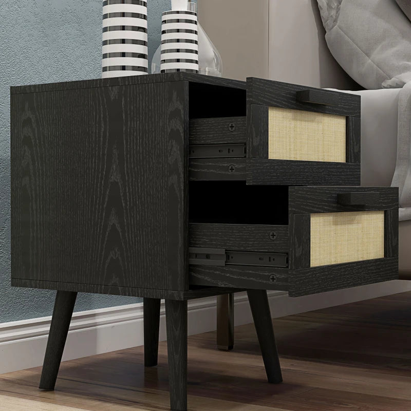 Boho Nightstands Set of 2, Bedside Tables with 2 Drawers for Living Room, Bedroom, Black