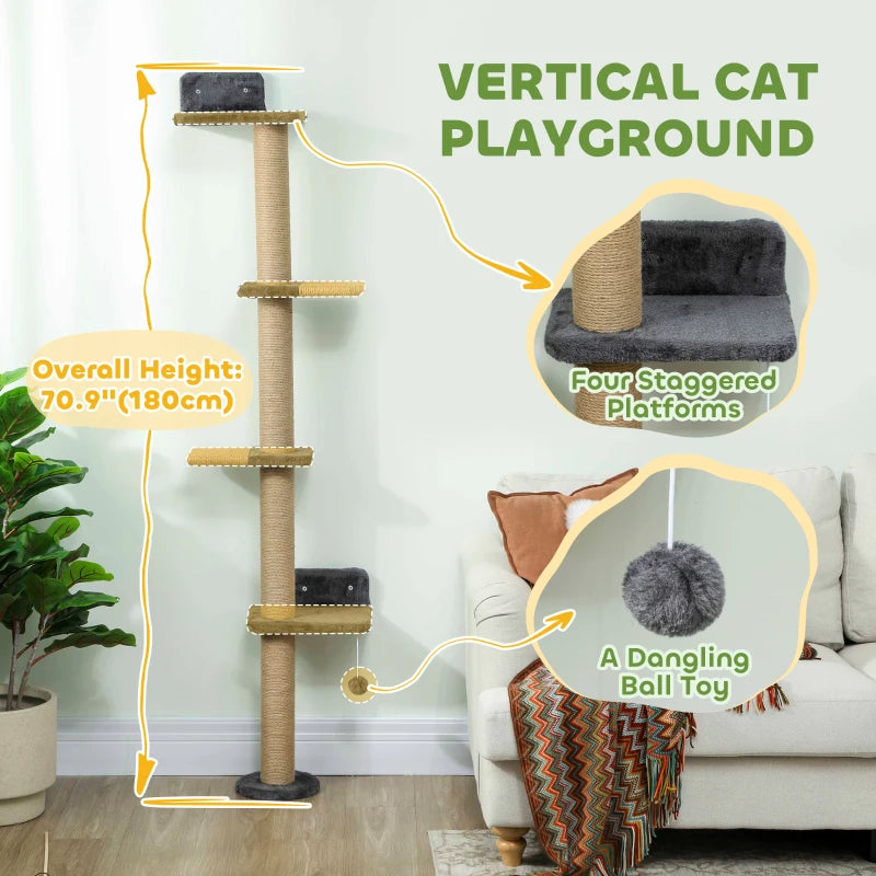 Cat Wall Shelves, Cat Wall Furniture with 4 Platforms, Jute Scratching Post for Indoor Playing, Climbing, Dark Grey