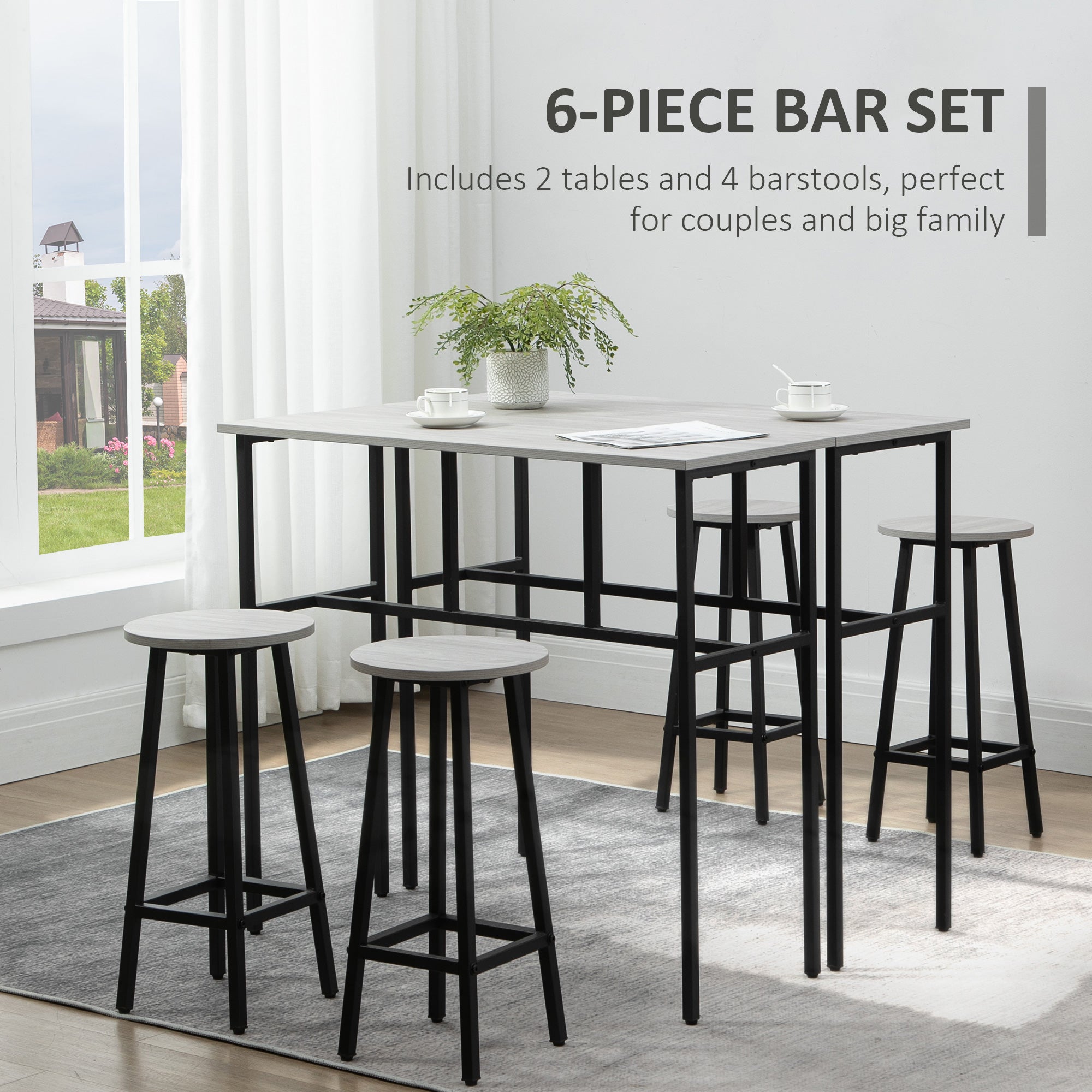 HOMCOM Counter-Height Dining: 6-Piece Set with Breakfast Tables, Chairs for Kitchen, Living Room in Grey Finish