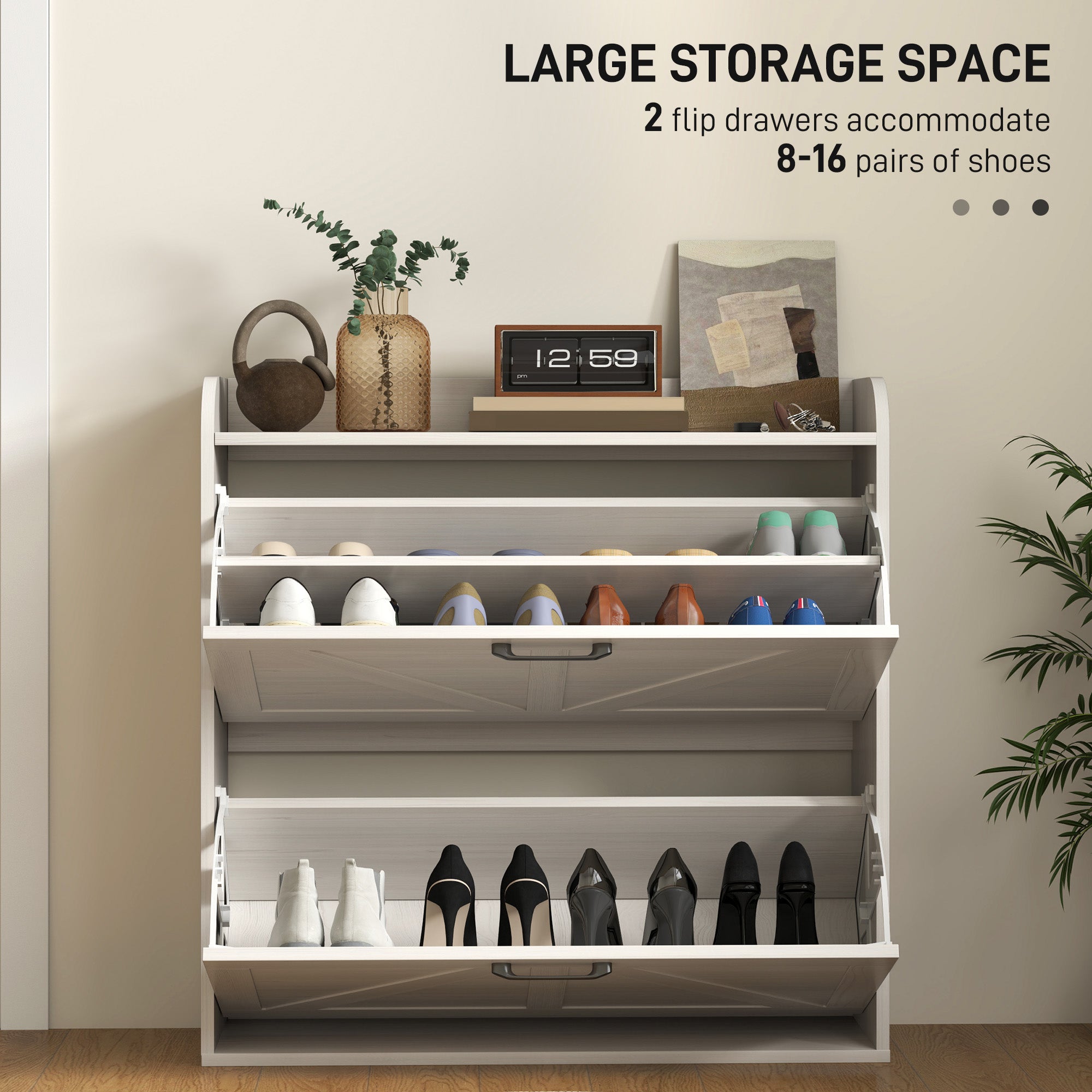 HOMCOM Narrow Shoe Storage Cabinet, Farmhouse Slim Shoe Cabinet with 2 Flip Drawers, Adjustable Shelves, Oak White