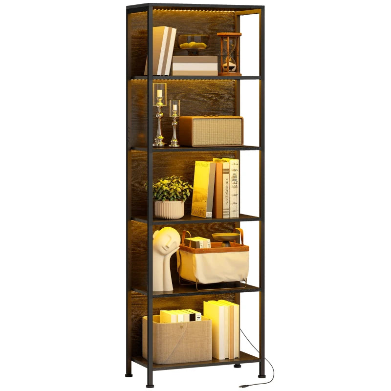 5-Tier Bookshelf, Freestanding Bookcase with LED Lights and Metal Frame for Living Room, Bedroom, Home Office, Black