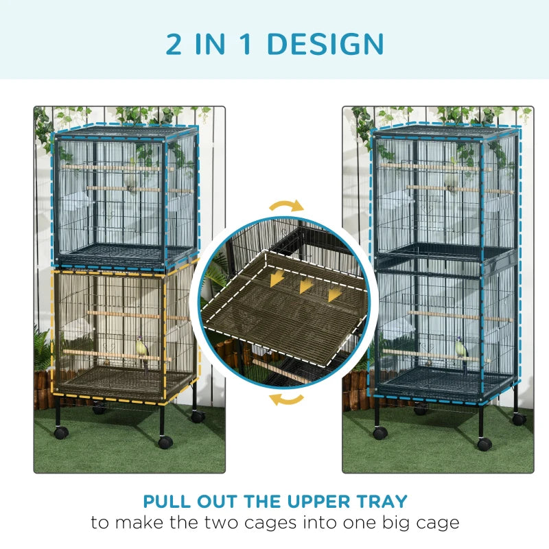 55.1" 2 In 1 Bird Cage Aviary Parakeet House for finches, budgies with Wheels, Slide-out Trays, Wood Perch, Food Containers, Black