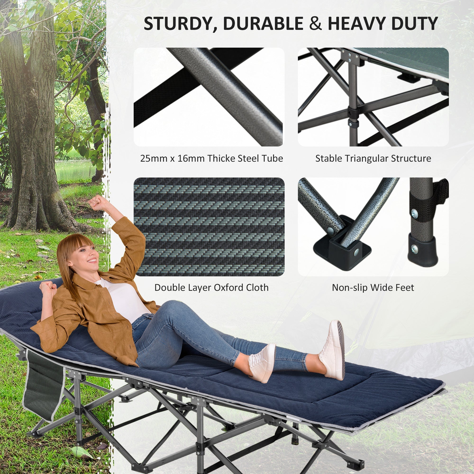 Outsunny Folding Camping Cot with Mattress Pillow Double Layer Oxford Heavy Duty Sleeping Cot Carry Bag Grey Blue