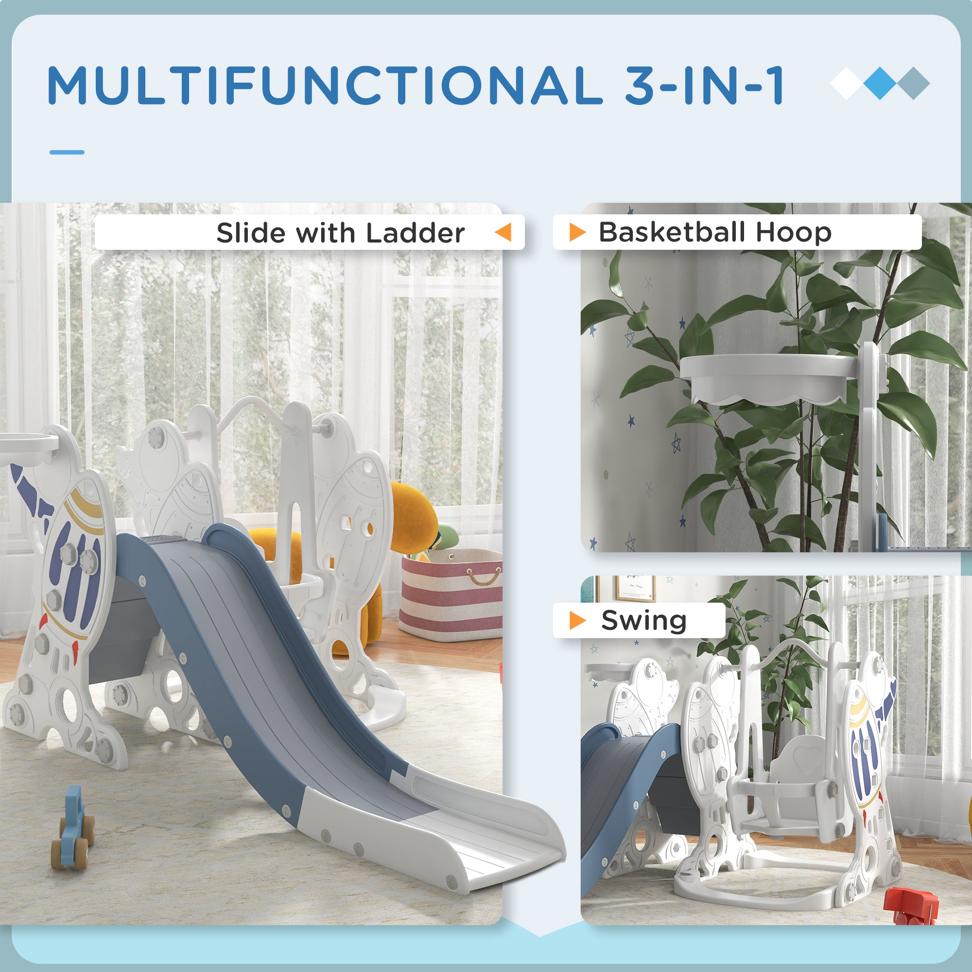 Qaba Galactic Playtime: 3 in 1 Toddler Swing Slide Set with Basketball Hoop, Indoor Playground Space Theme, White Blue Finish