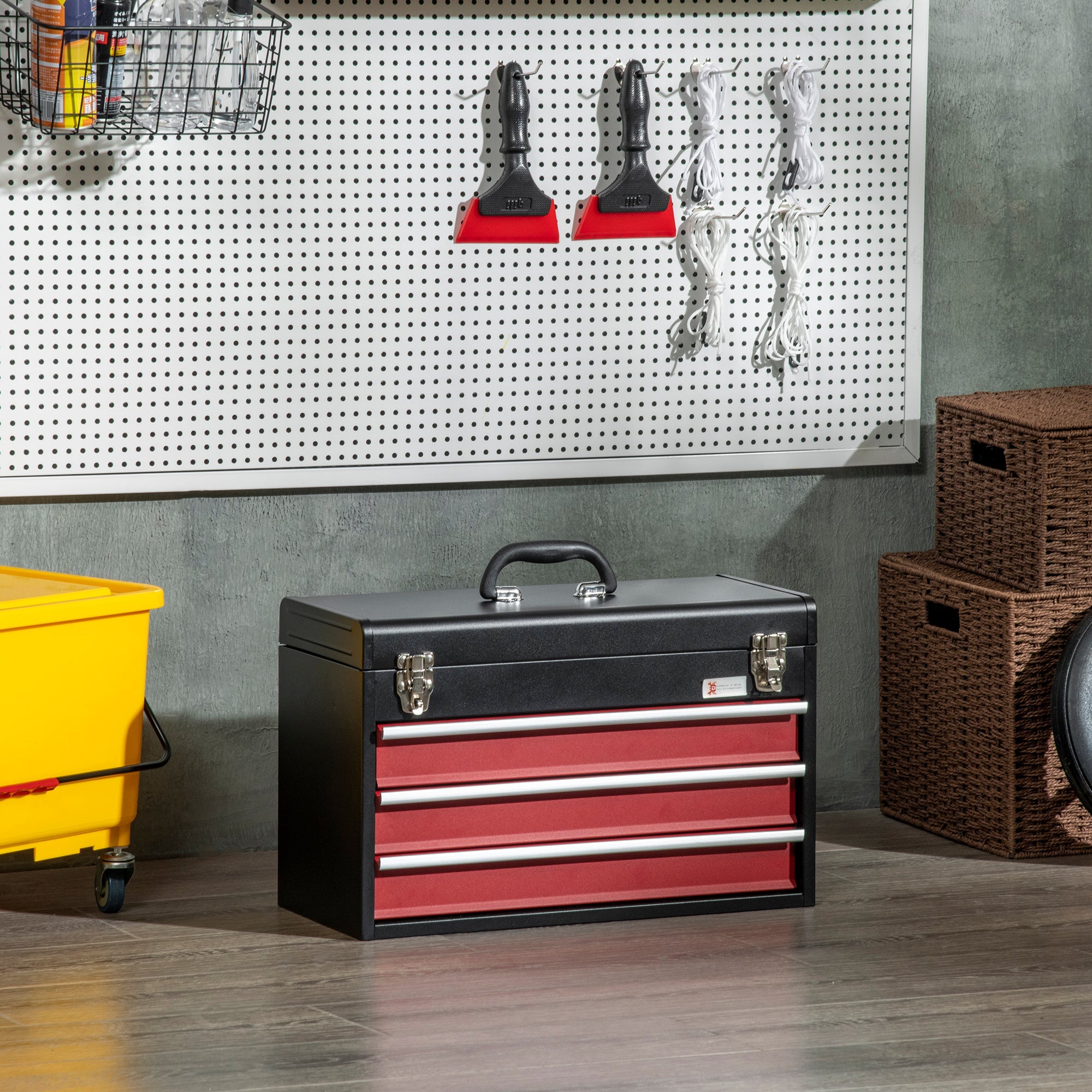 DURHAND Metal Tool Box Portable Organizer Tool Chest with 3 Drawers Metal Latch Closure for Garage Household Warehouse