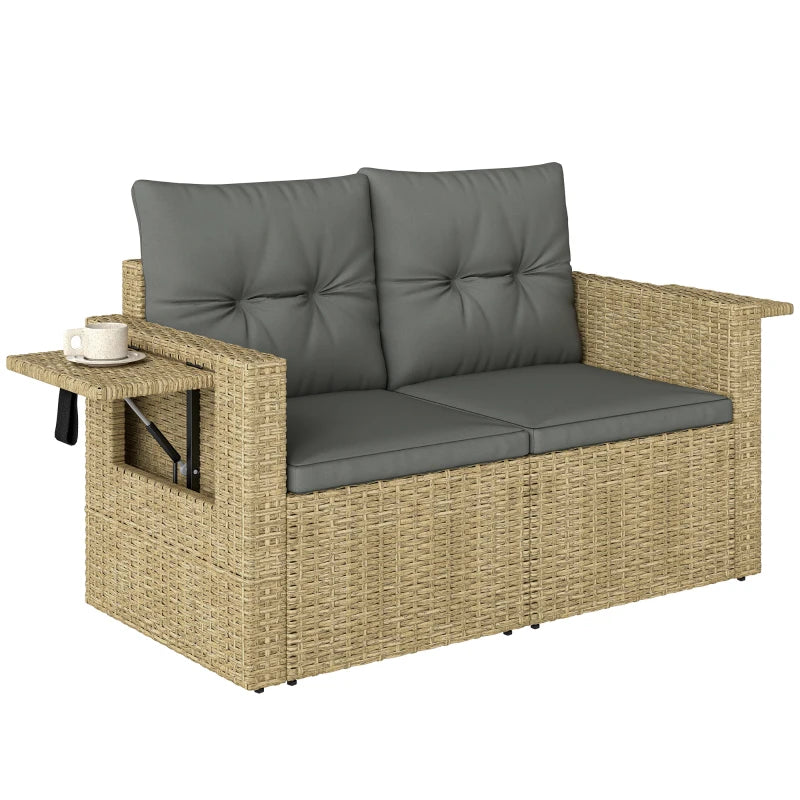 Wicker Outdoor Sofa with Side Trays, Rattan Patio Loveseat with Cushions for Garden Balcony, Light Grey