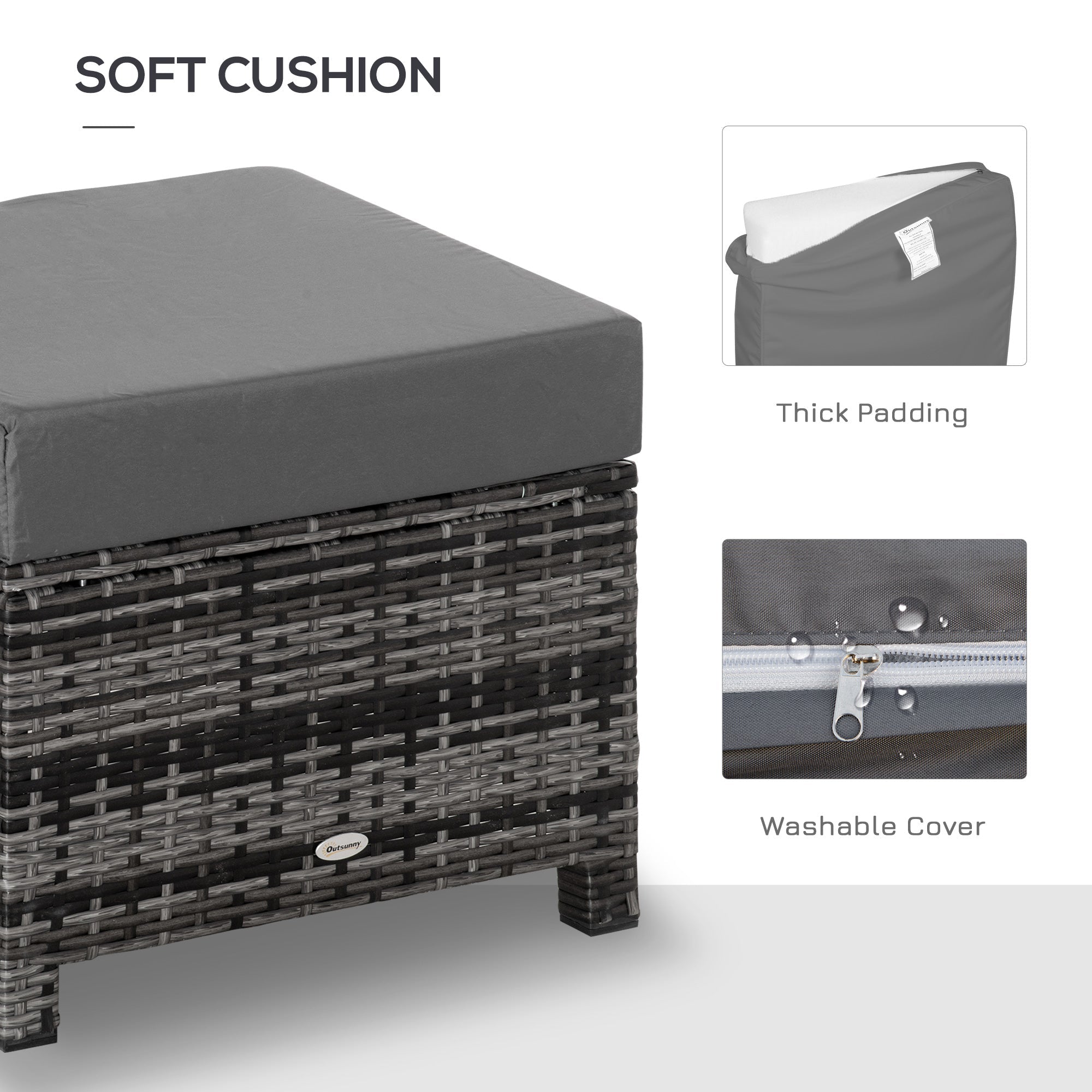 Outsunny Rattan Patio Ottoman, Outdoor Wicker Footrest with Cushion, Metal Frame for Garden, Poolside, Gray