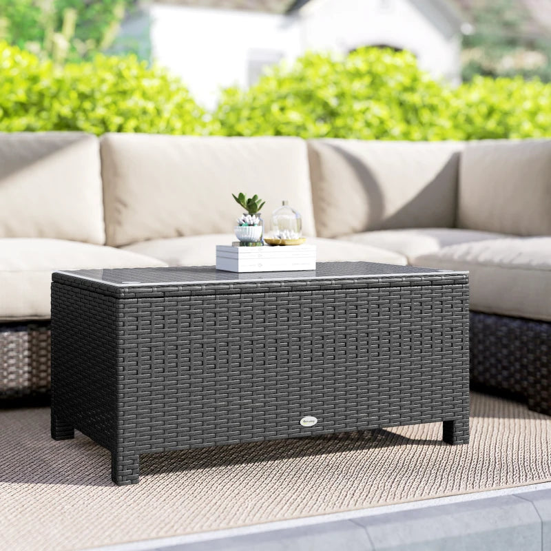 PE Wicker Outdoor Coffee Table with Glass Top Garden Patio Table, Dark Grey