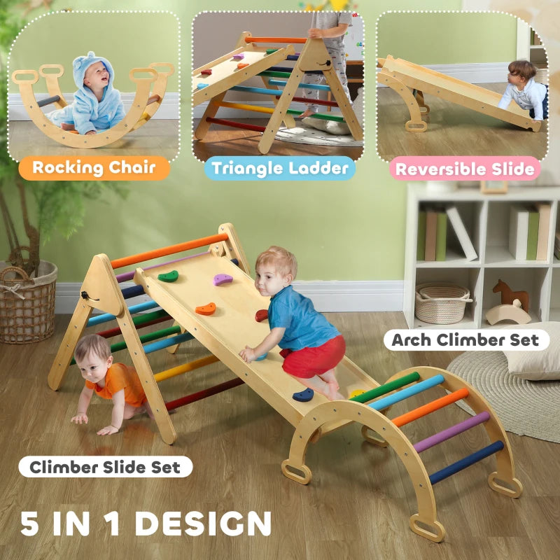 Qaba 5 in 1 Pikler Triangle Set with Ladder, Ramp, Arch, for 18-48 months, Multicolour