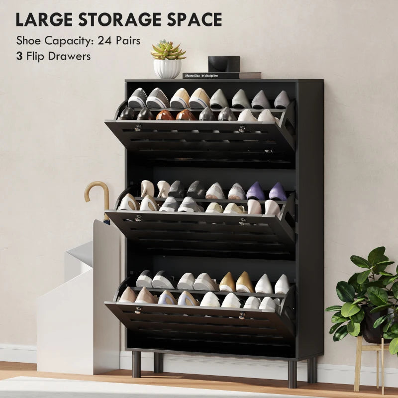 Narrow Shoe Storage Cabinet, 3 Flip Drawers, Adjustable Shelves, 18-24 Pairs Capacity, Black