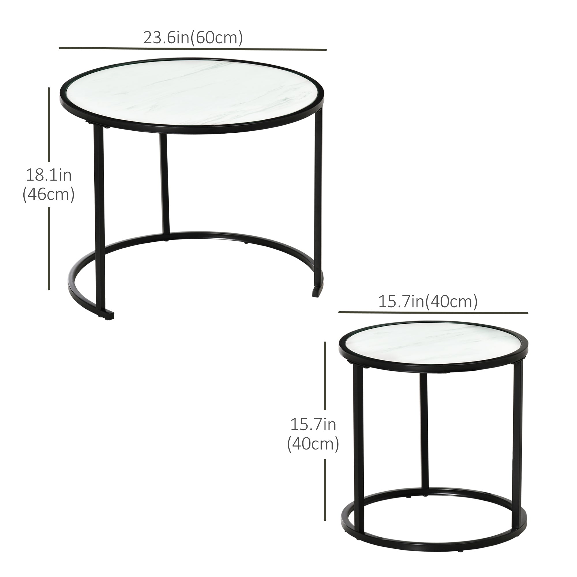 HOMCOM Round Nesting Coffee Table Set of 2 Stacking Modern Accent Tables Faux Marble Tabletop Metal Frame White