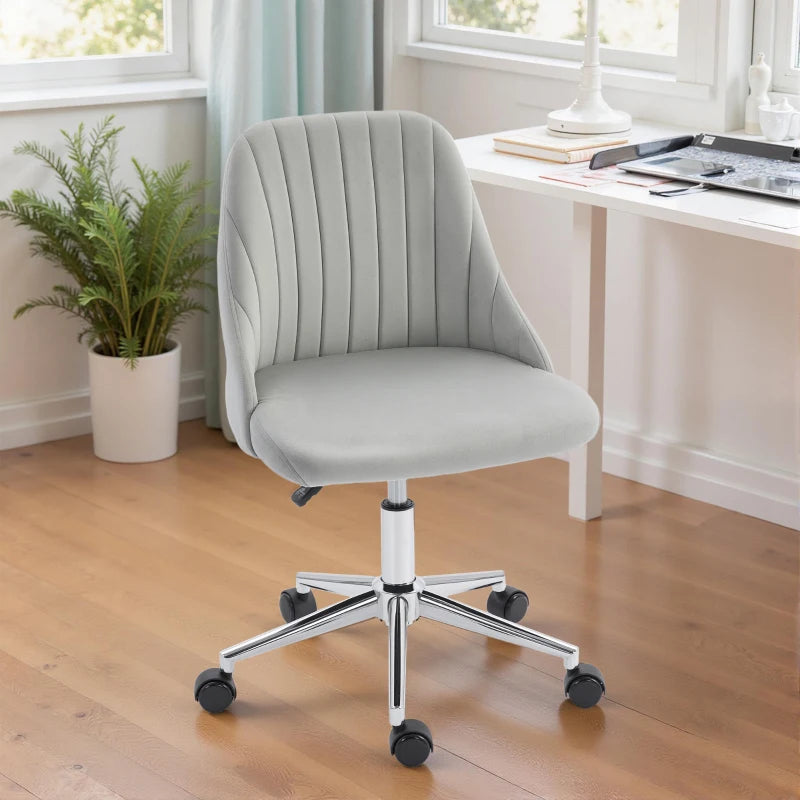 Vanity Chair for Makeup, Velvet Comfy Office Chair with Adjustable Height, Swivel Wheels for Bedroom, Living Room, Grey