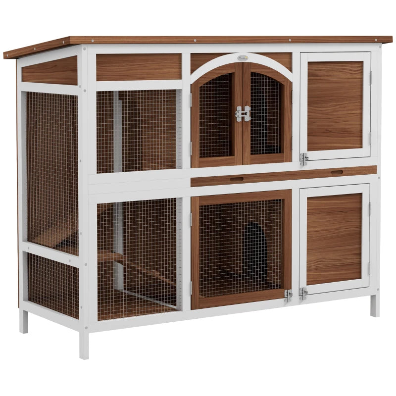 Two-Tier Wooden Rabbit Hutch with Openable Roof, Slide-Out Tray