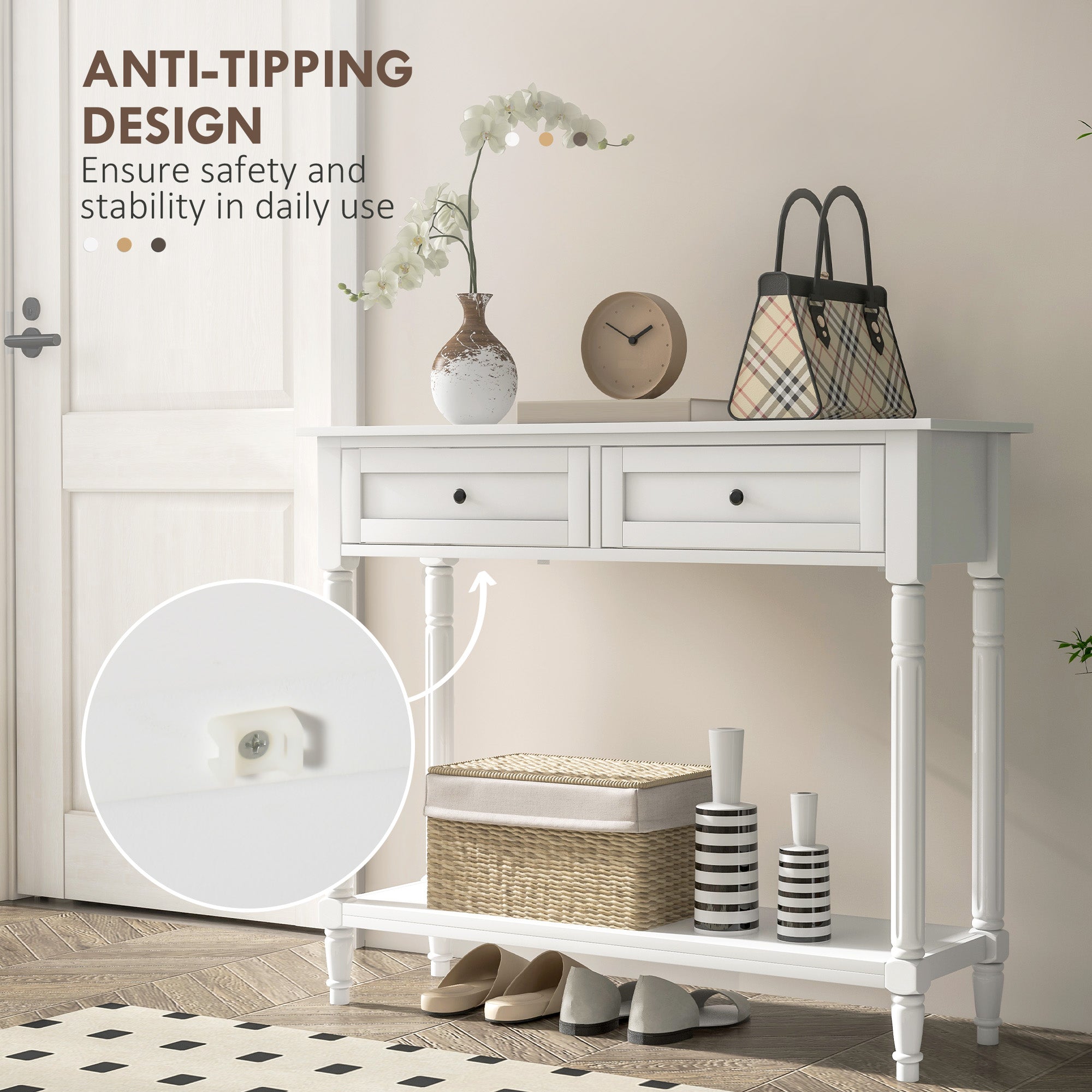 HOMCOM Hallway Console Table Modern Entryway 2 Drawers Storage Shelf Turned Legs Living Room Bedroom White