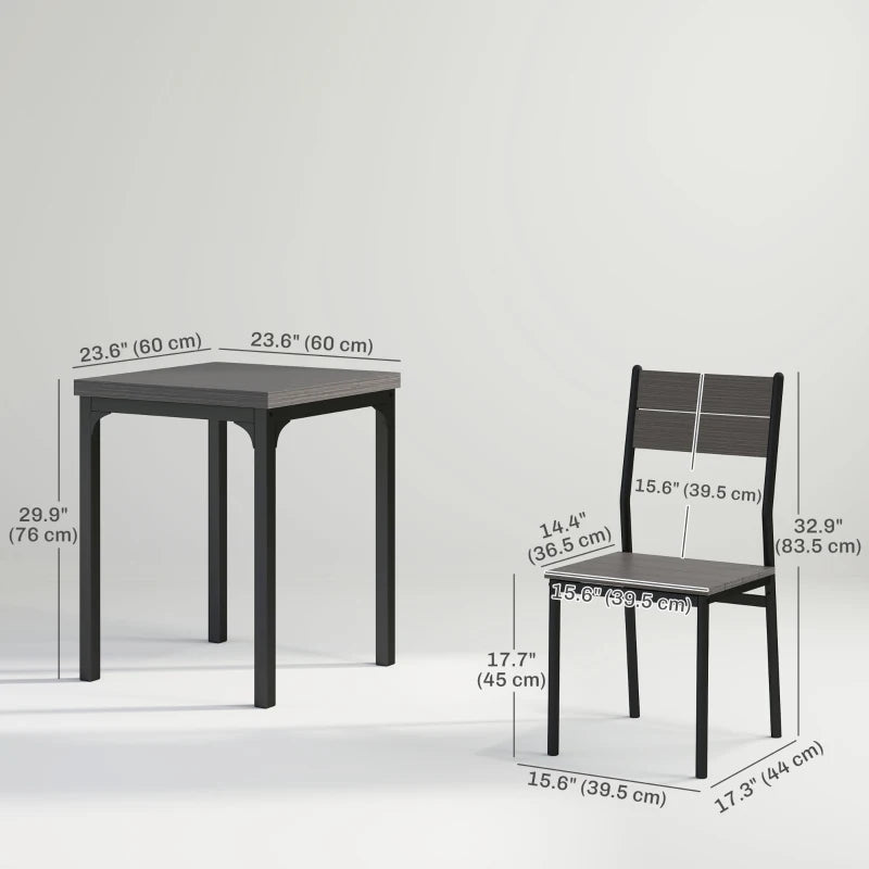 Dining Table Set for 2, 3 Piece Kitchen Table and Chairs with Metal Legs for Small Spaces, Grey Wood Effect