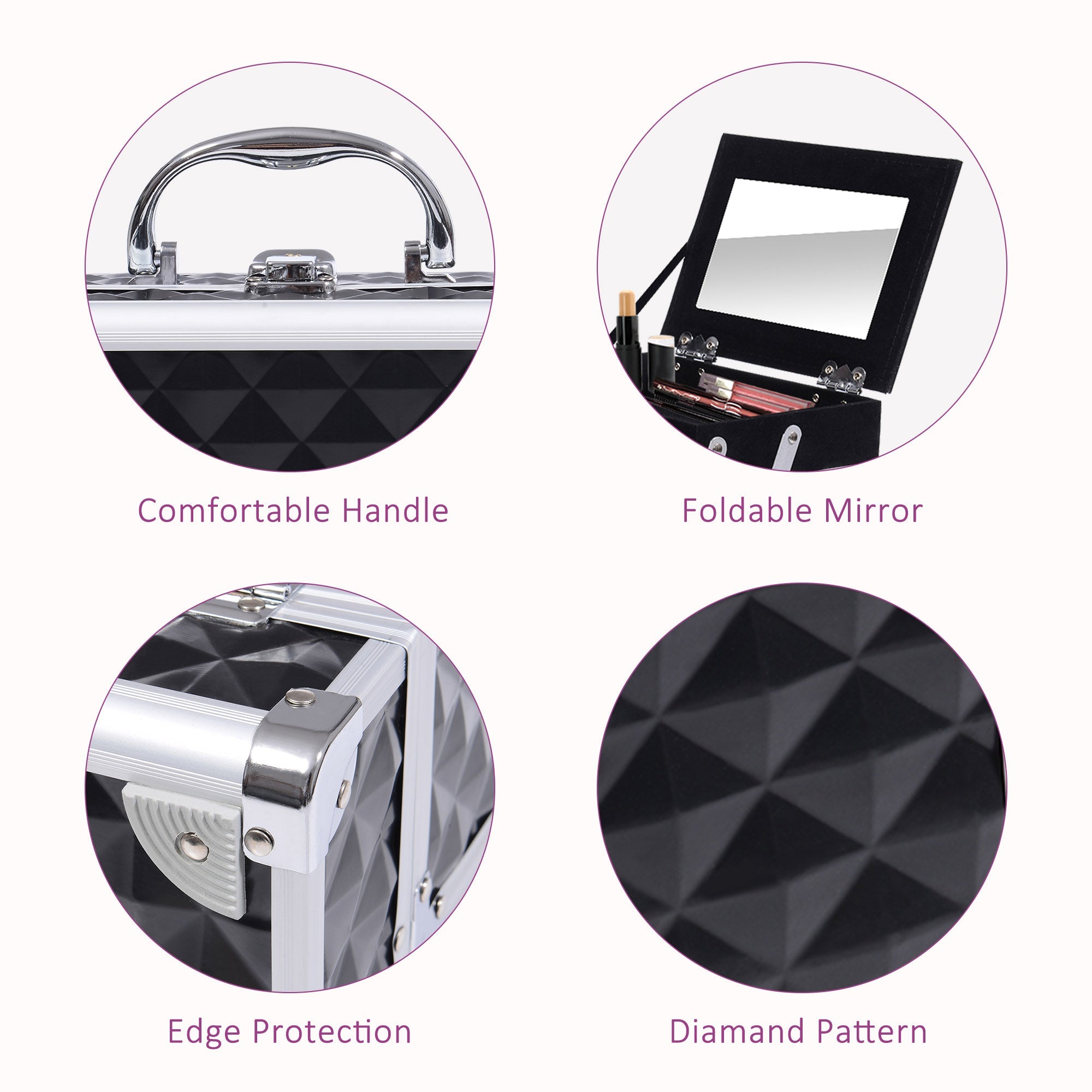 HOMCOM Cosmetic Train Case 3 Tier Diamond Texture Organizer with Mirror Portable Black 8"x6"x6"