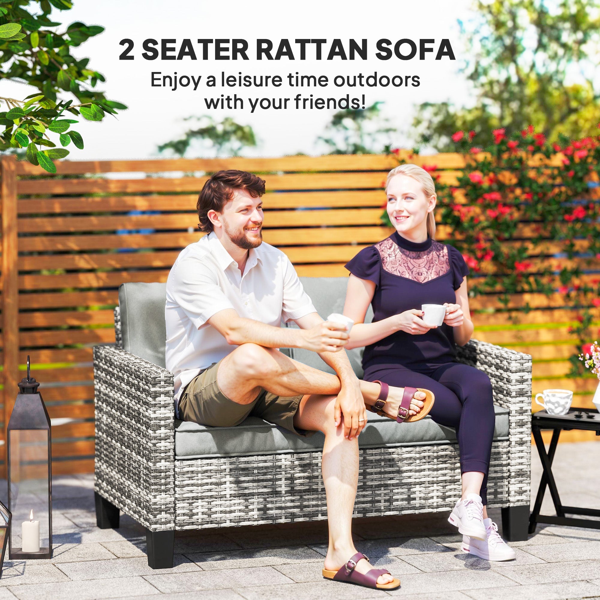 Outsunny 2 Seater Rattan Outdoor Sofa, Patio Couch Loveseat with Cushions and Armrests for Garden, Balcony, Dark Grey