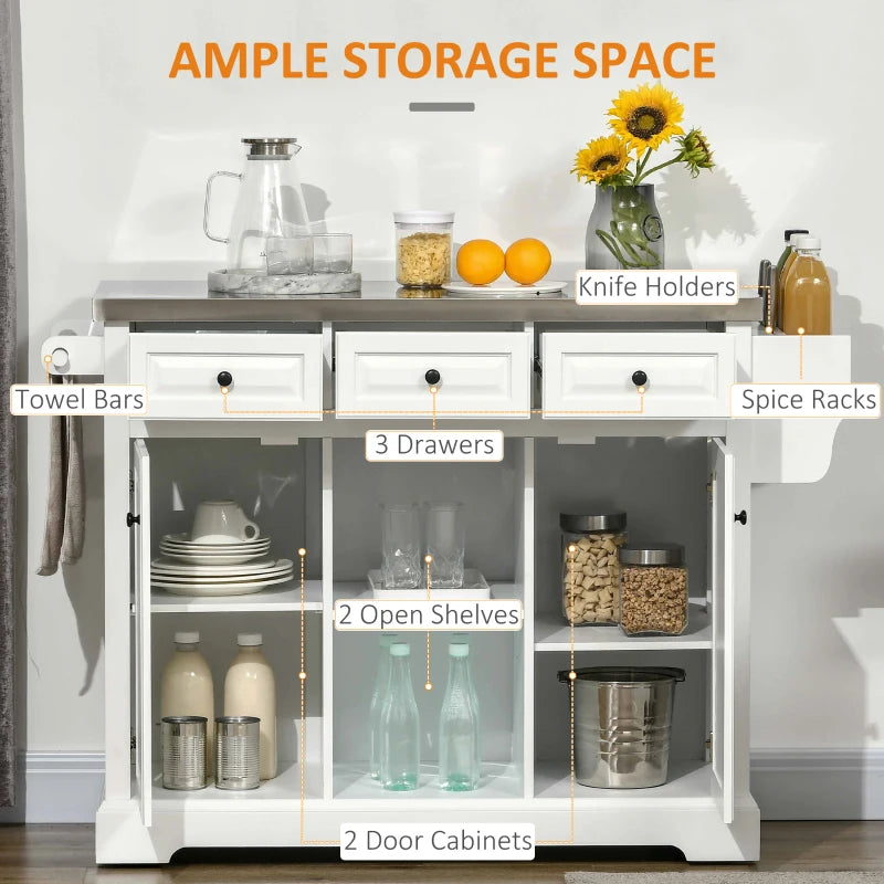 Kitchen Island on Wheels with Stainless Steel Top, Spice Rack, Drawers, Rolling Bar Cart with Storage, White