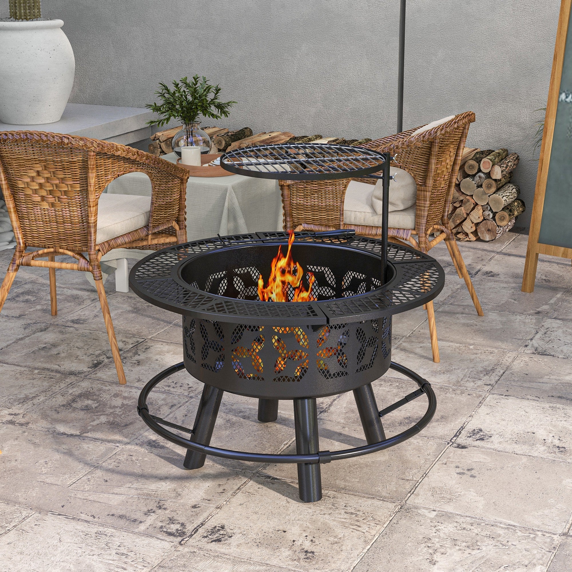 Outsunny Portable Fire Pit BBQ Grill Wood Burning Adjustable Grate Poker 33" Black