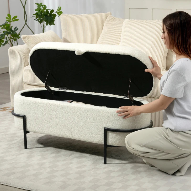 Storage Ottoman with Lift-Up Lid and Steel Legs, 45 Inches Sherpa Fleece Storage Chest for Living Room, Cream White