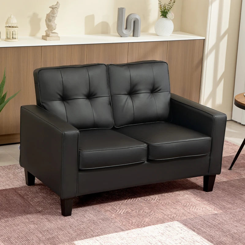 51" Double Sofa Couch, Upholstered PU Leather Loveseat with Armrests, Tufted Backrest, Cushion, Black