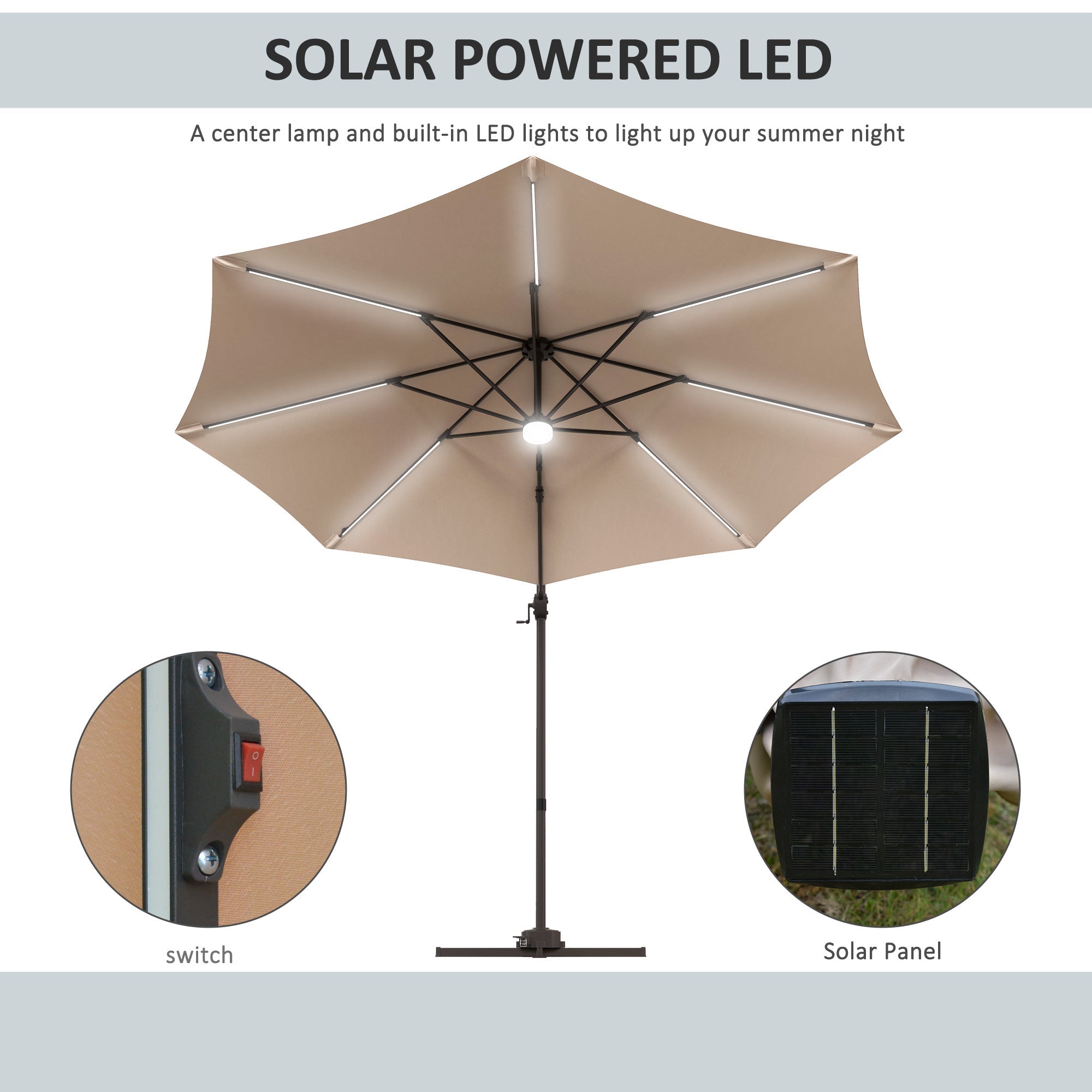 Outsunny 10ft Offset LED Patio Umbrella: Cantilever Parasol with 360° Rotation, Cross Base for Outdoor Deck & Beach, Khaki