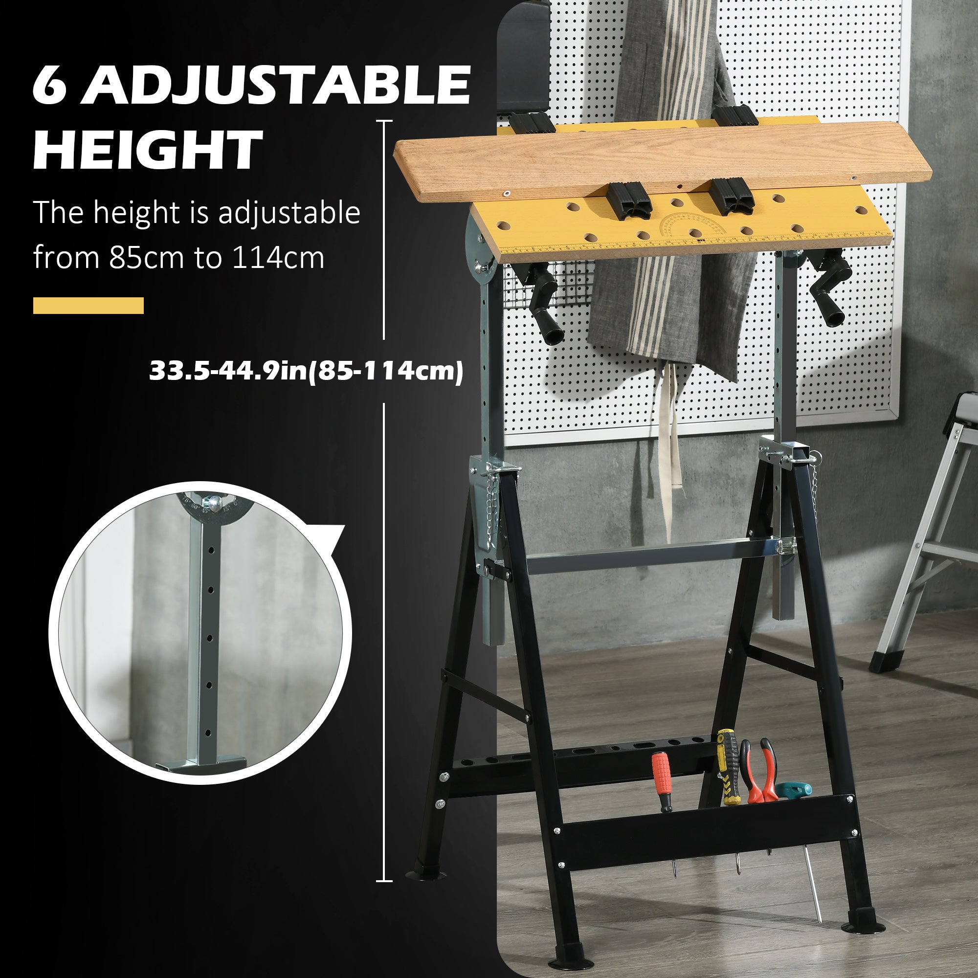 HOMCOM Work Bench Tool Stand with Adjustable Height and Angle, Carpenter Saw Table with 4 Clamps, Steel Frame, 220lbs Capacity