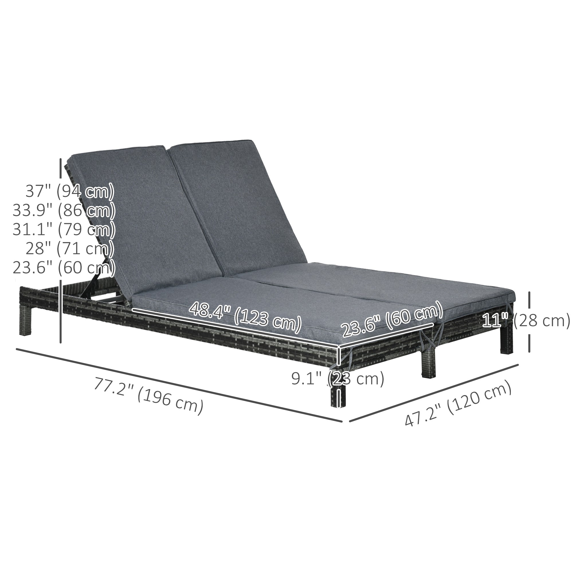 Outsunny Wicker Double Chaise Lounger Chair Outdoor Recliner 2 Person Rattan Patio Reclining Sunbed Furniture, Black, Grey