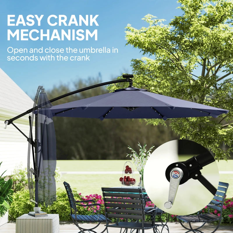 9.7ft Solar LED Cantilever Patio Umbrella with 32 LED Lights, Cross Base, Crank Handle, for Poolside, Deck, Dark Blue