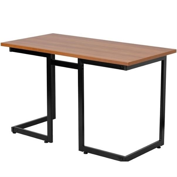 Modern Black Metal Frame Computer Desk with Cherry Wood Finish Top - Free Shipping