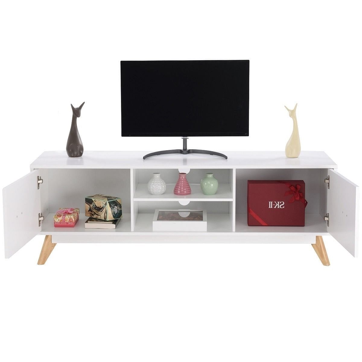 Modern Mid Century Style White TV Stand with Wood Legs - Free Shipping
