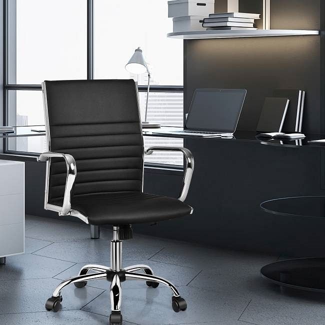 Black Faux Leather High Back Modern Classic Office Chair with Armrests - Free Shipping