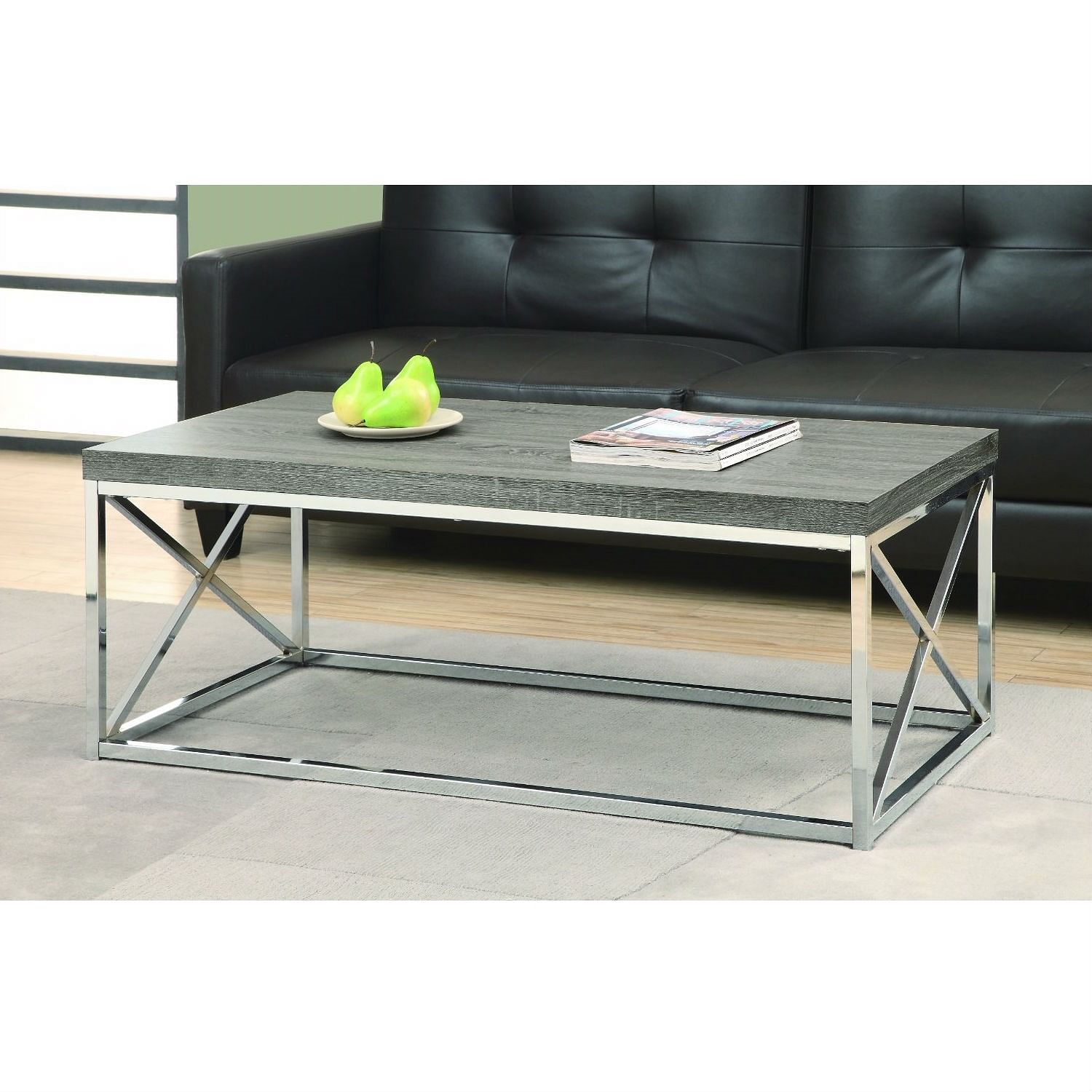 Modern Coffee Table with Chrome Metal Frame and Dark Taupe Wood Top - Free Shipping