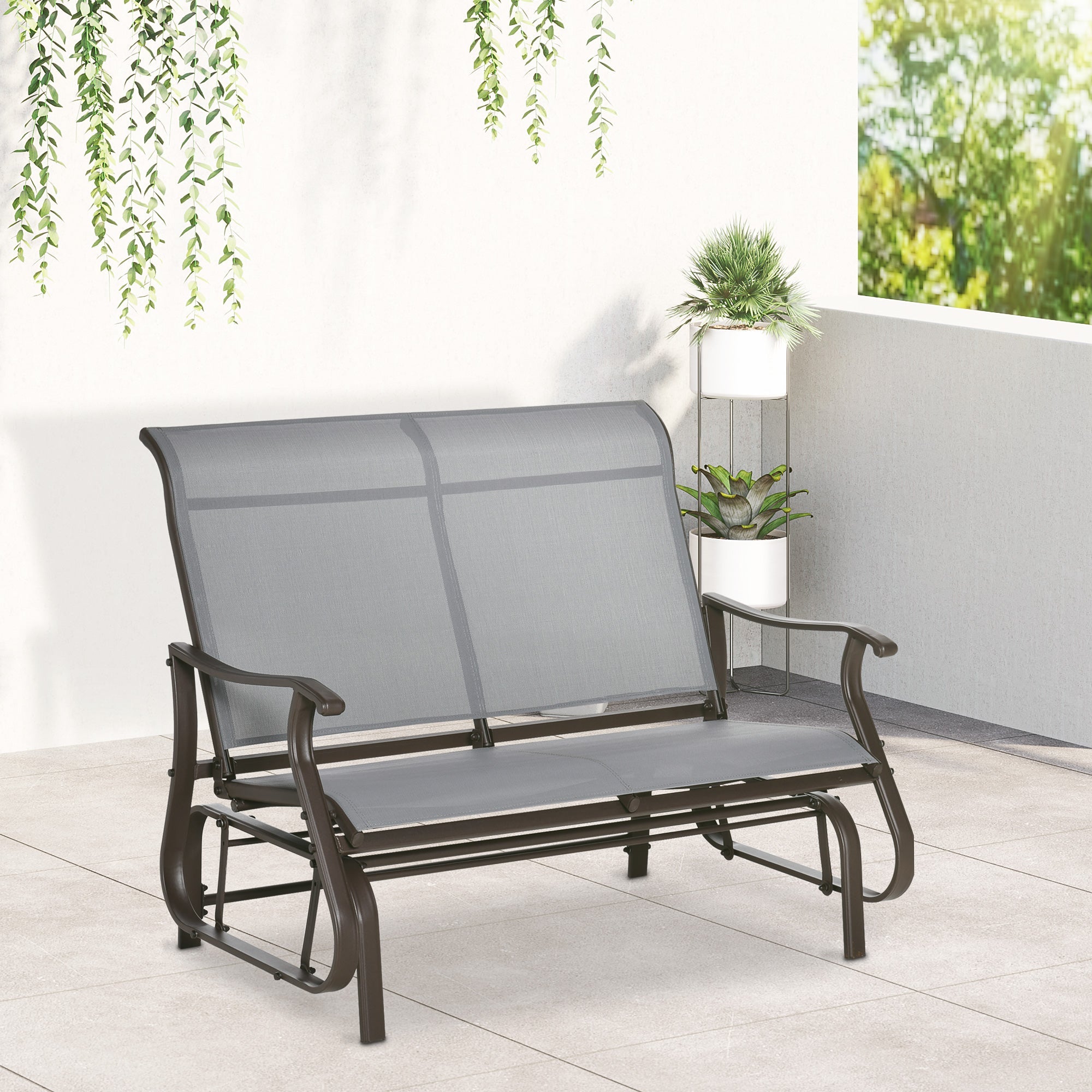 Outsunny Patio Glider Rocking Chair Double Seat Outdoor Light Grey Steel Frame Mesh Backrest Garden Furniture