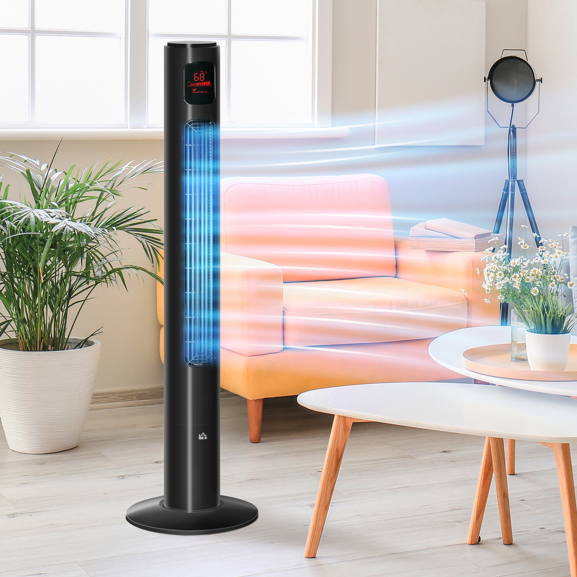 HOMCOM Oscillating Tower Fan Standup Cooling 3 Speed 12h Timer LED Remote Black for Efficient Air Circulation