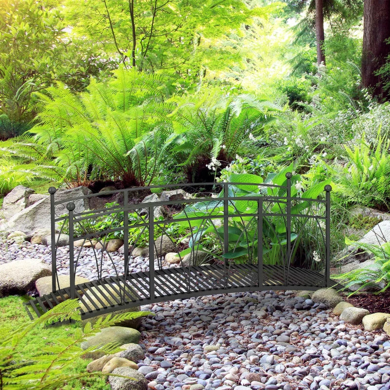 8' Metal Arch Garden Bridge Arc Footbridge with Guardrails and Decorative Scrollwork, Black