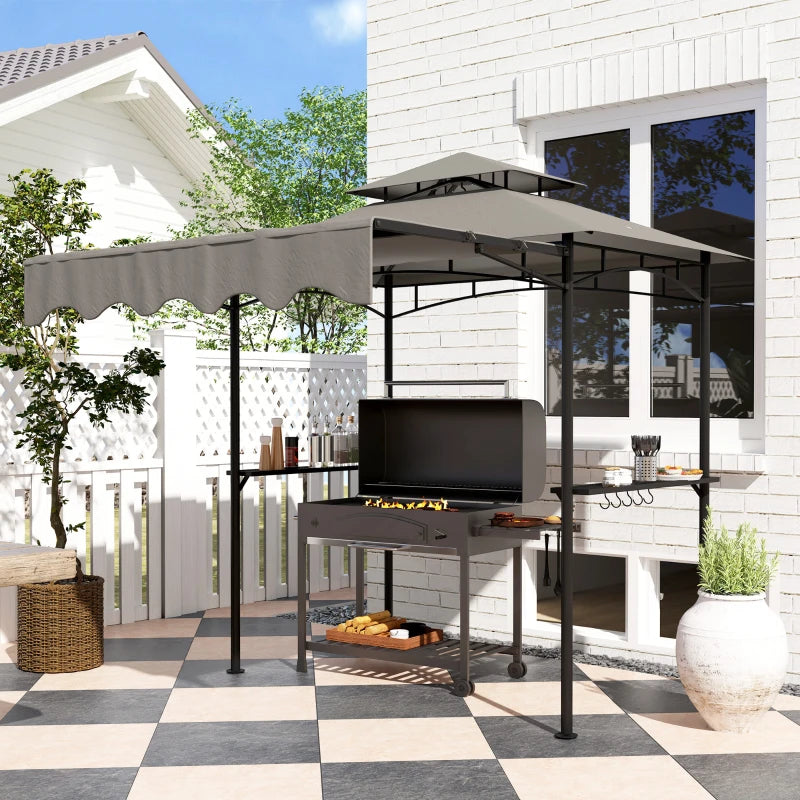 8' x 7.6' Grill Gazebo, Double Tiered Barbecue Grill Gazebo Shelter w/ Side Awning, 2 Side Shelves, 6 Hooks, Light Grey