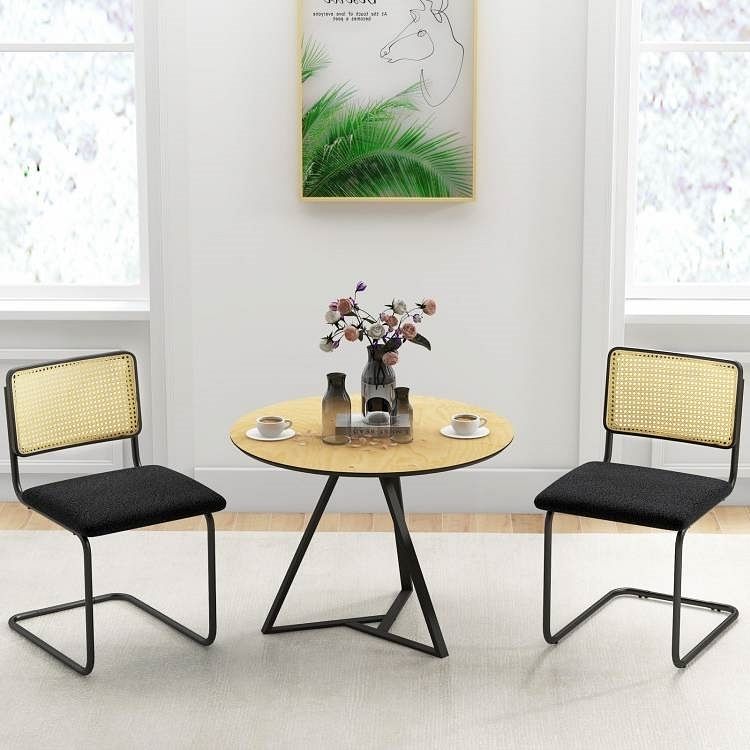 Set of 2 - Modern Mid-Century Black Dining Chair with Beige Rattan Backrest - Free Shipping
