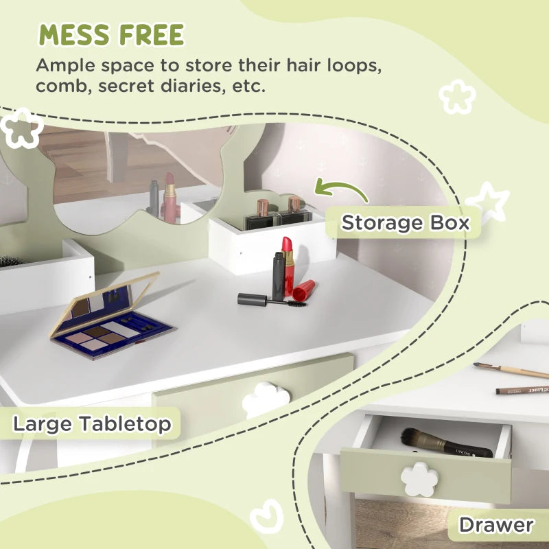 Qaba Kids Makeup Vanity Set with Stool, Mirror, Drawer, Storage Boxes, White