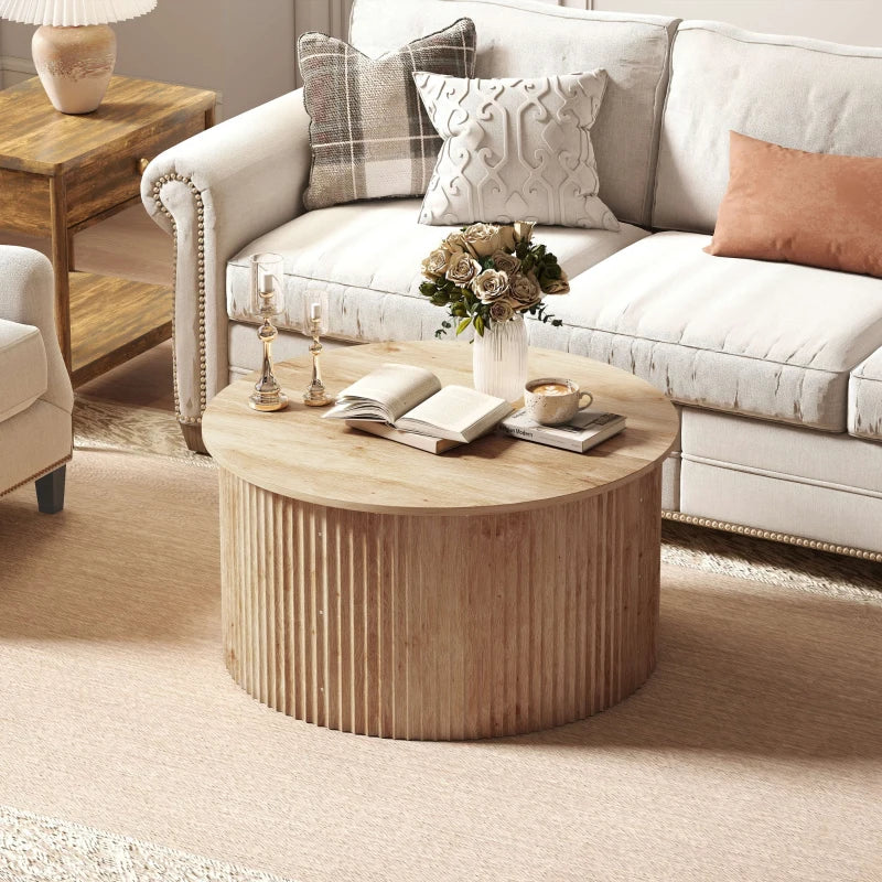 32" Round Lift-Top Coffee Table with Hidden Storage & Fluted Design – Natural Wood