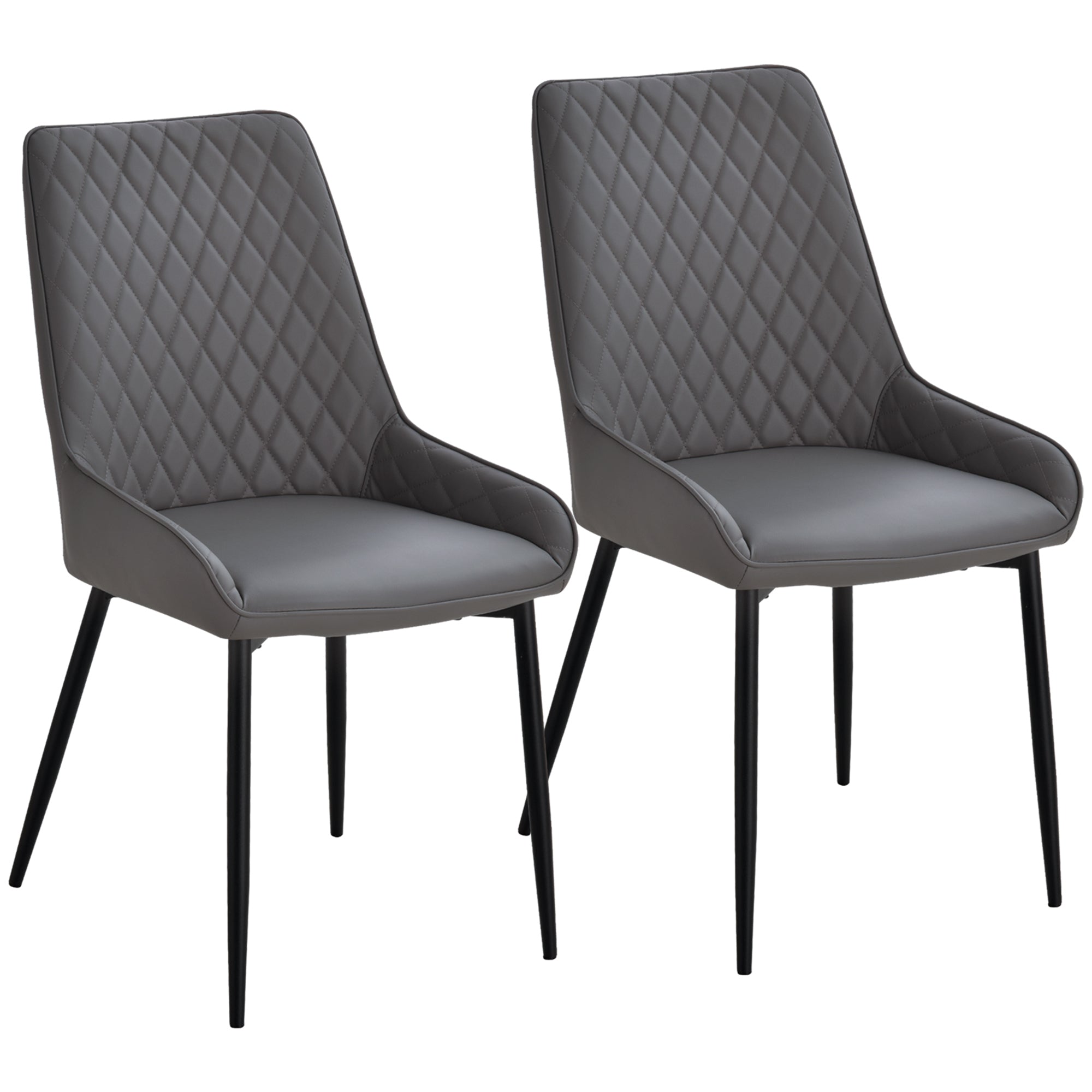 HOMCOM Mid-Century Dining Chair Pair: Grey PU Leather Padded Seats, Metal Legs, Modern for Kitchen Home Office