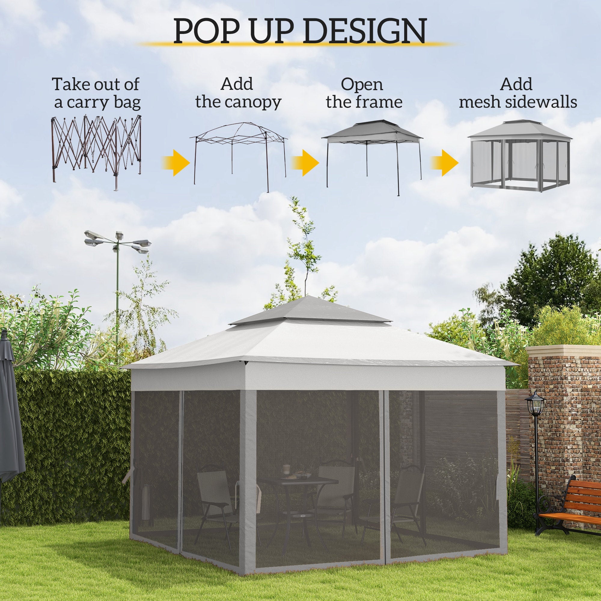 Outsunny 11'x11' Pop Up Event Canopy Tent 2-Tier Roof Soft Top with Netting Light Grey for Patio Garden