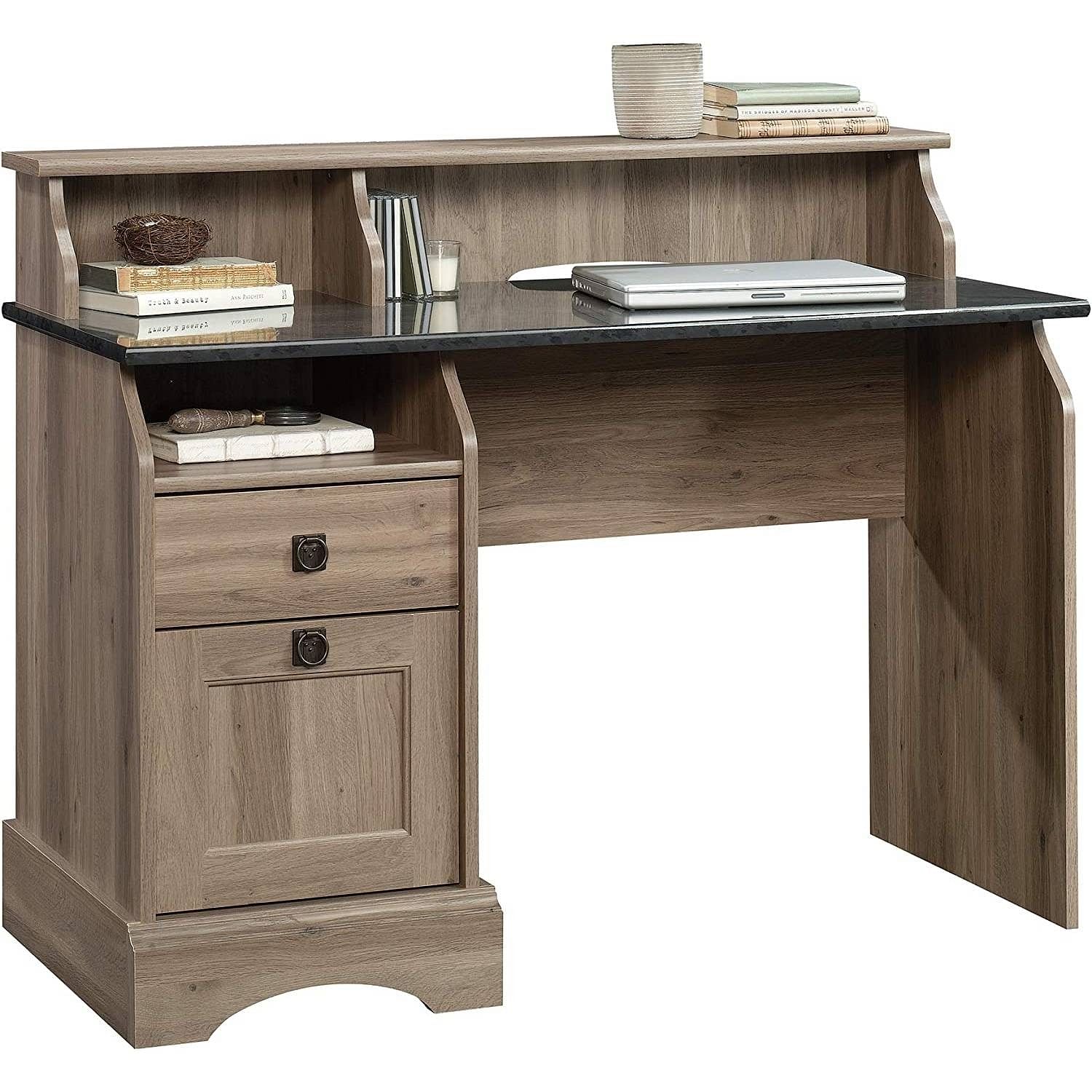 Rustic Oak Slat Top Computer Desk w/ Filing Cabinet - Free Shipping