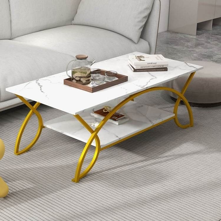 Modern White Faux Marble 2 Tier Coffee Table with Gold Finish Metal Curved Legs - Free Shipping