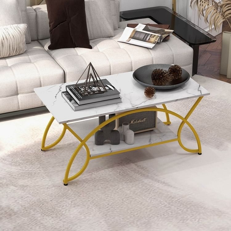 Modern White Faux Marble 2 Tier Coffee Table with Gold Finish Metal Curved Legs - Free Shipping
