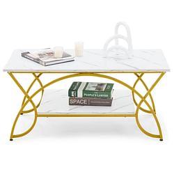 Modern White Faux Marble 2 Tier Coffee Table with Gold Finish Metal Curved Legs - Free Shipping