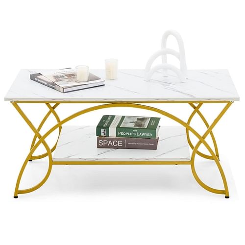Modern White Faux Marble 2 Tier Coffee Table with Gold Finish Metal Curved Legs - Free Shipping