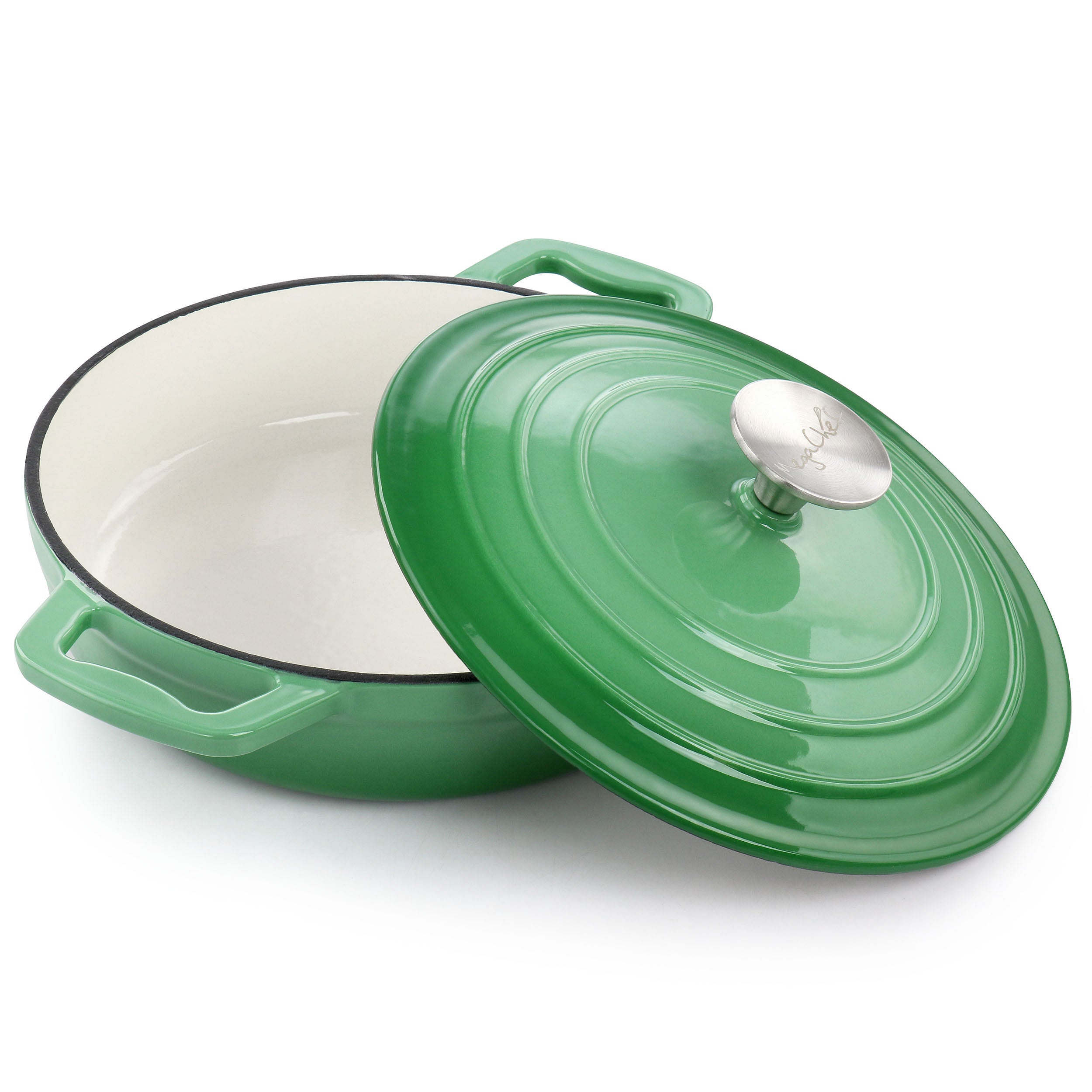 MegaChef 2 Quart Round Enameled Cast Iron Braiser Pan in Green - Free Shipping
