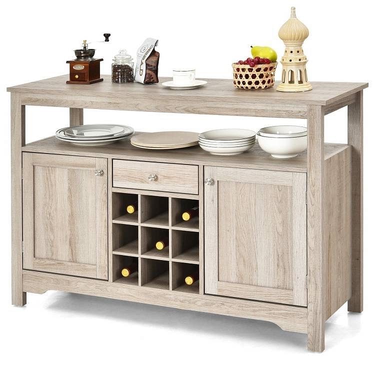 Grey Wood Sideboard Buffet Server Cabinet with Wine Rack and Storage Shelf - Free Shipping