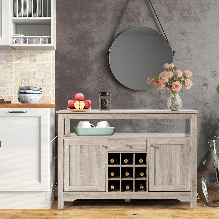 Grey Wood Sideboard Buffet Server Cabinet with Wine Rack and Storage Shelf - Free Shipping